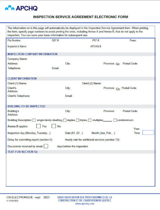APCHQ Inspection Service Agreement